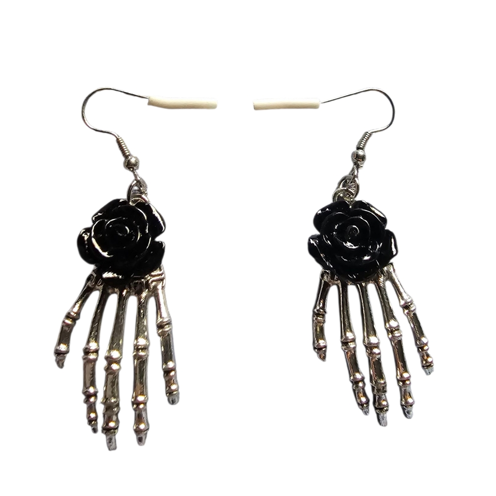 Black Rose Skeleton Hand Earrings